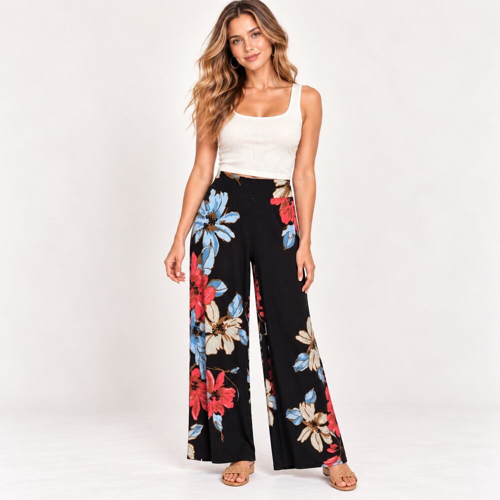 Joseph Ribkoff Black Floral Wide Leg Pants Women’s Size 2 Flowy Boho Retail $172